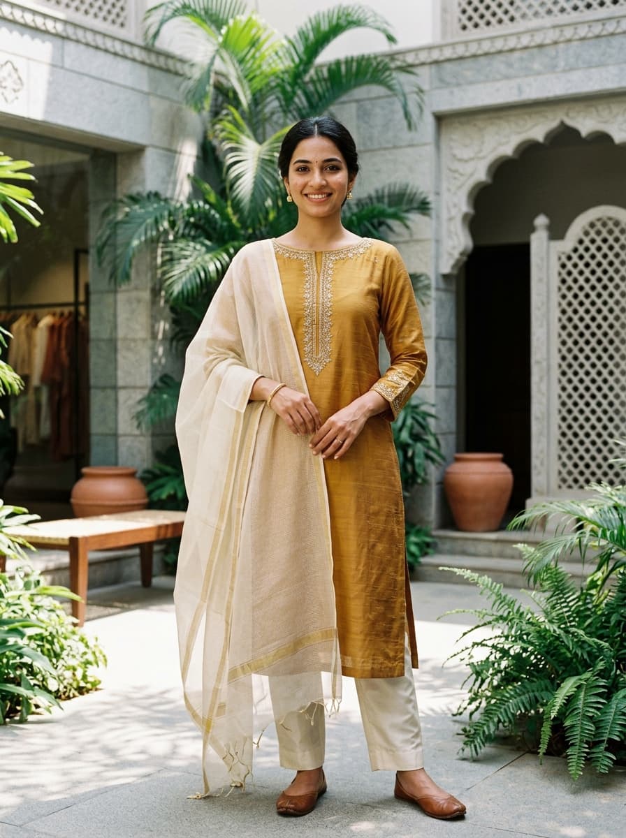 Ochre Mustard Handloom Silk Kurti & Kota Doria Dupatta Set thumbnail 1