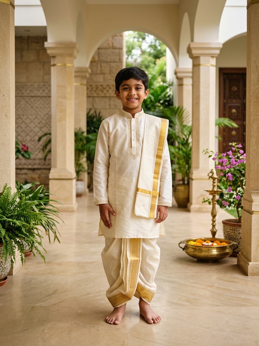 Ivory Raw Silk Kurta, Pancha & Angavastram Boy Ensemble