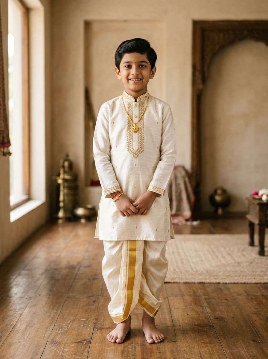 Ivory Raw Silk Kurta, Pancha & Angavastram Boy Ensemble alternate view