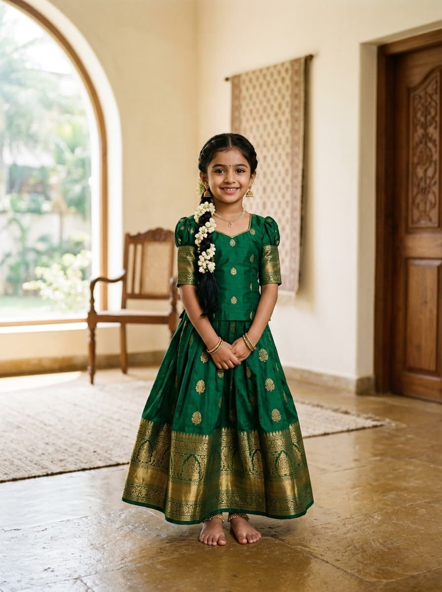 Emerald Green & Antique Gold Pure Silk Langa Pavada Set thumbnail 1