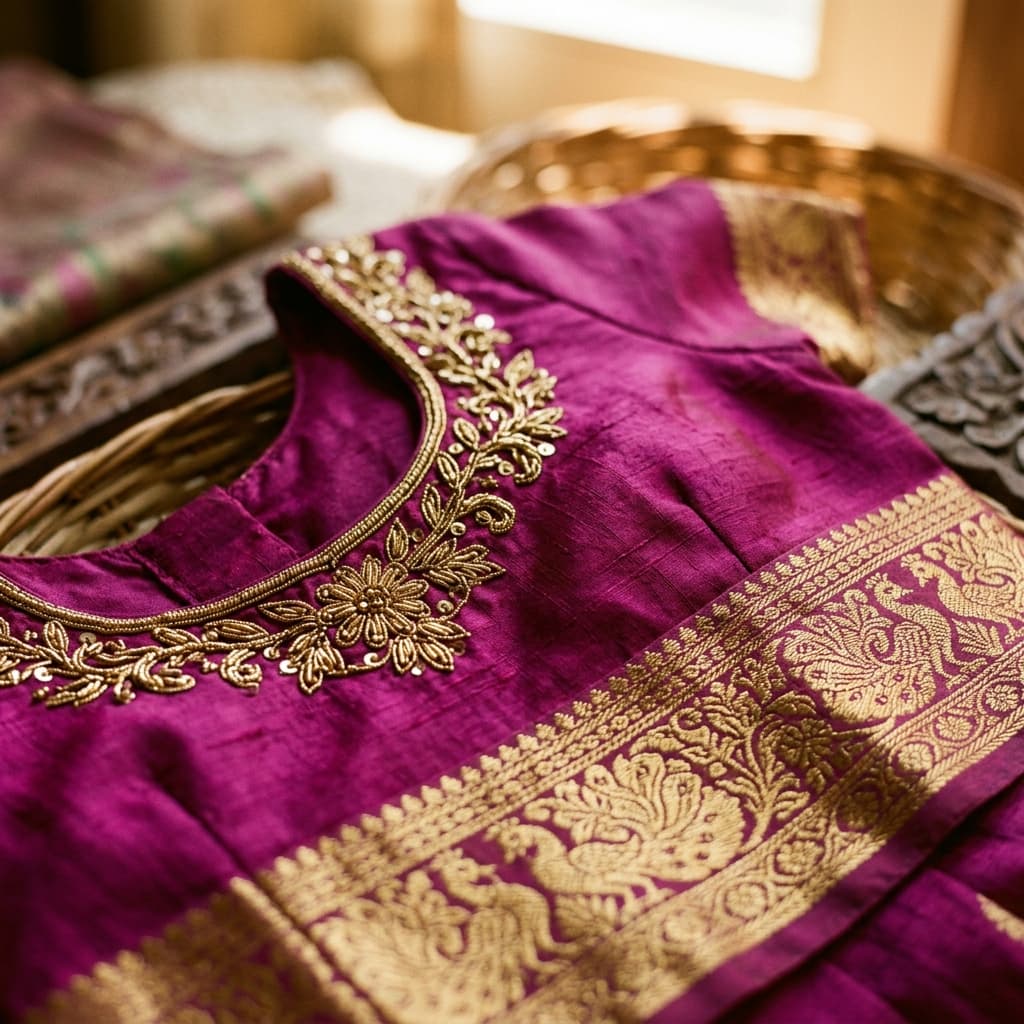 Emerald Green & Antique Gold Pure Silk Langa Pavada Set thumbnail 3
