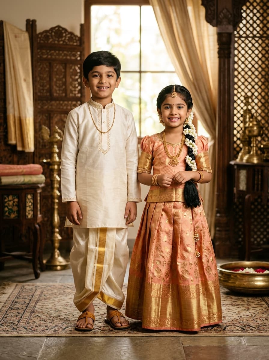 Emerald Green & Antique Gold Pure Silk Langa Pavada Set thumbnail 2