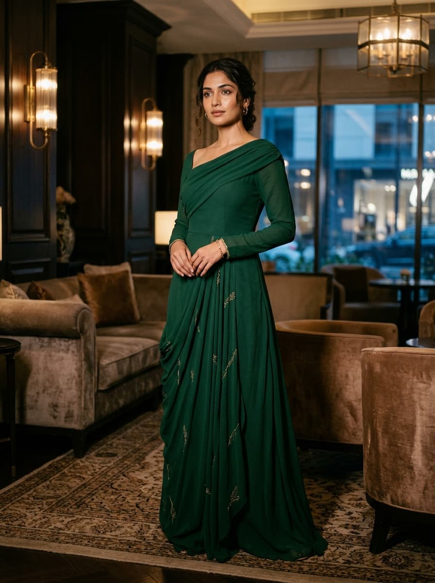 Emerald Green Sculpted Asymmetric Drape Evening Gown thumbnail 1