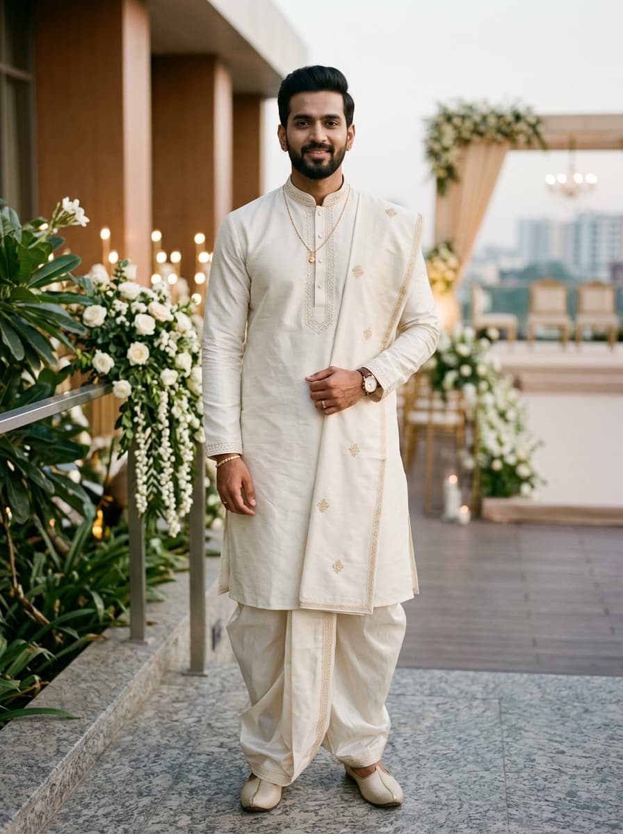 Heritage Ivory Silk Kurta, Pancha & Angavastram Groom Ensemble thumbnail 1