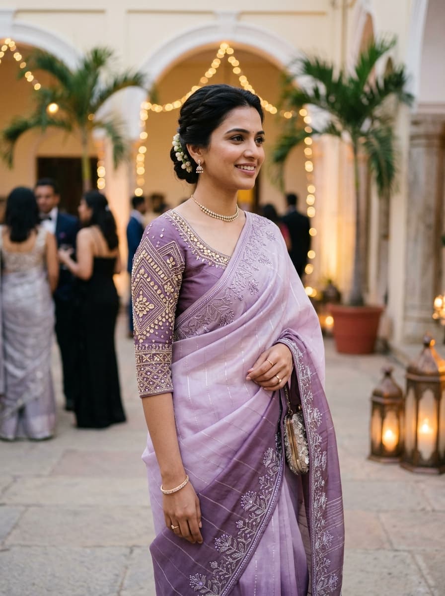 Lilac Lavender Shaded Organza Saree & Embroidered Blouse Set thumbnail 1