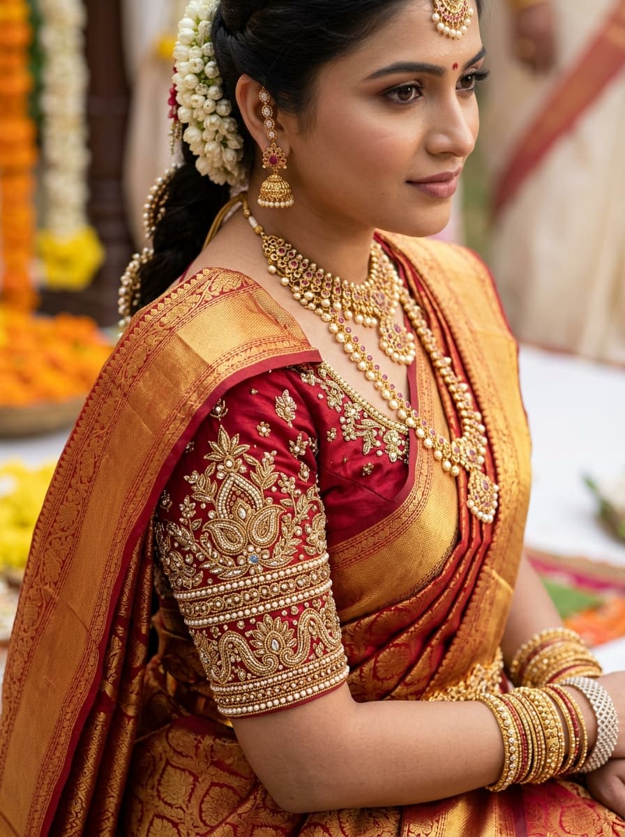 Crimson & Gold Heirloomed Telugu Bridal Silk Saree alternate view