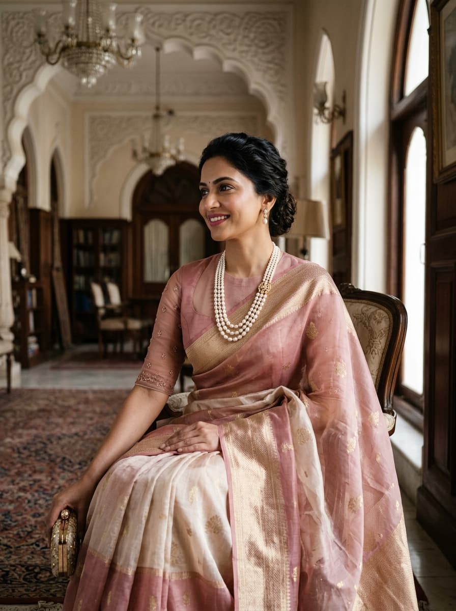 Hyderabadi Basra Pearl Sheer Organza Silk Saree