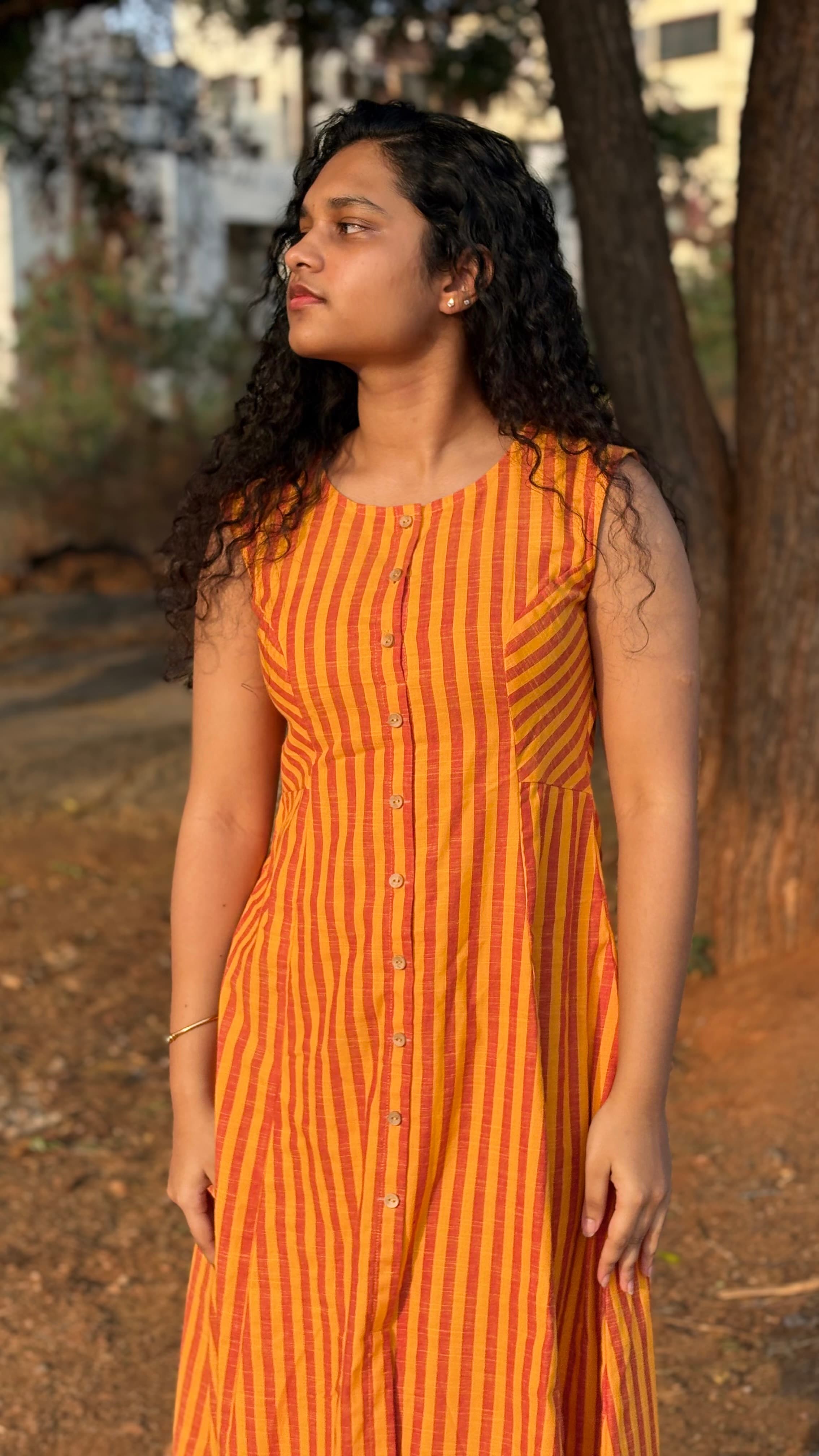 Saffron & Terracotta Handloom Striped Midi Dress