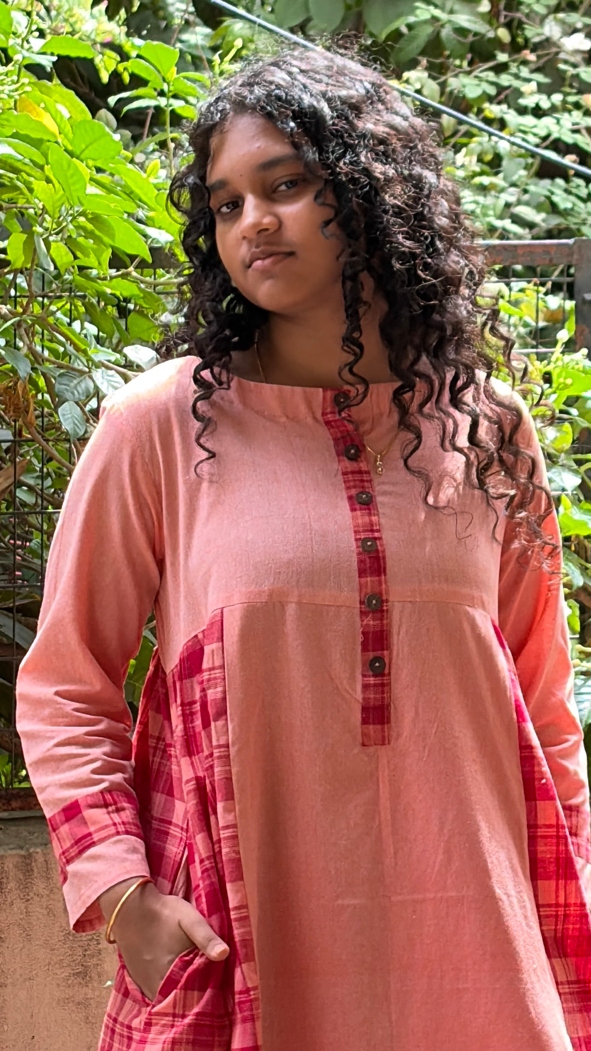 Rose Peach & Madras Plaid Pleated Handloom Tunic