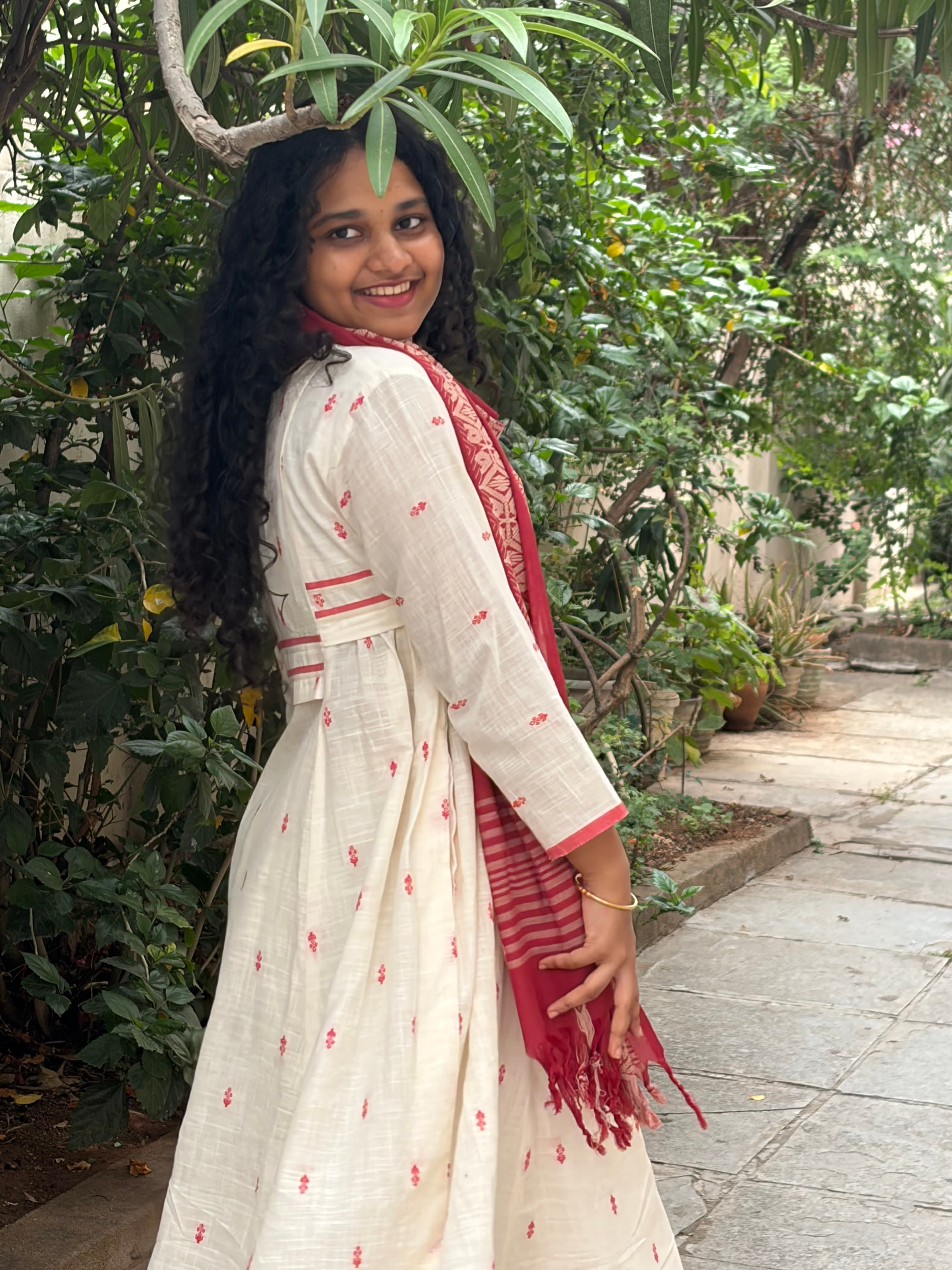 Ivory & Crimson Floral Butti Handloom Anarkali Set