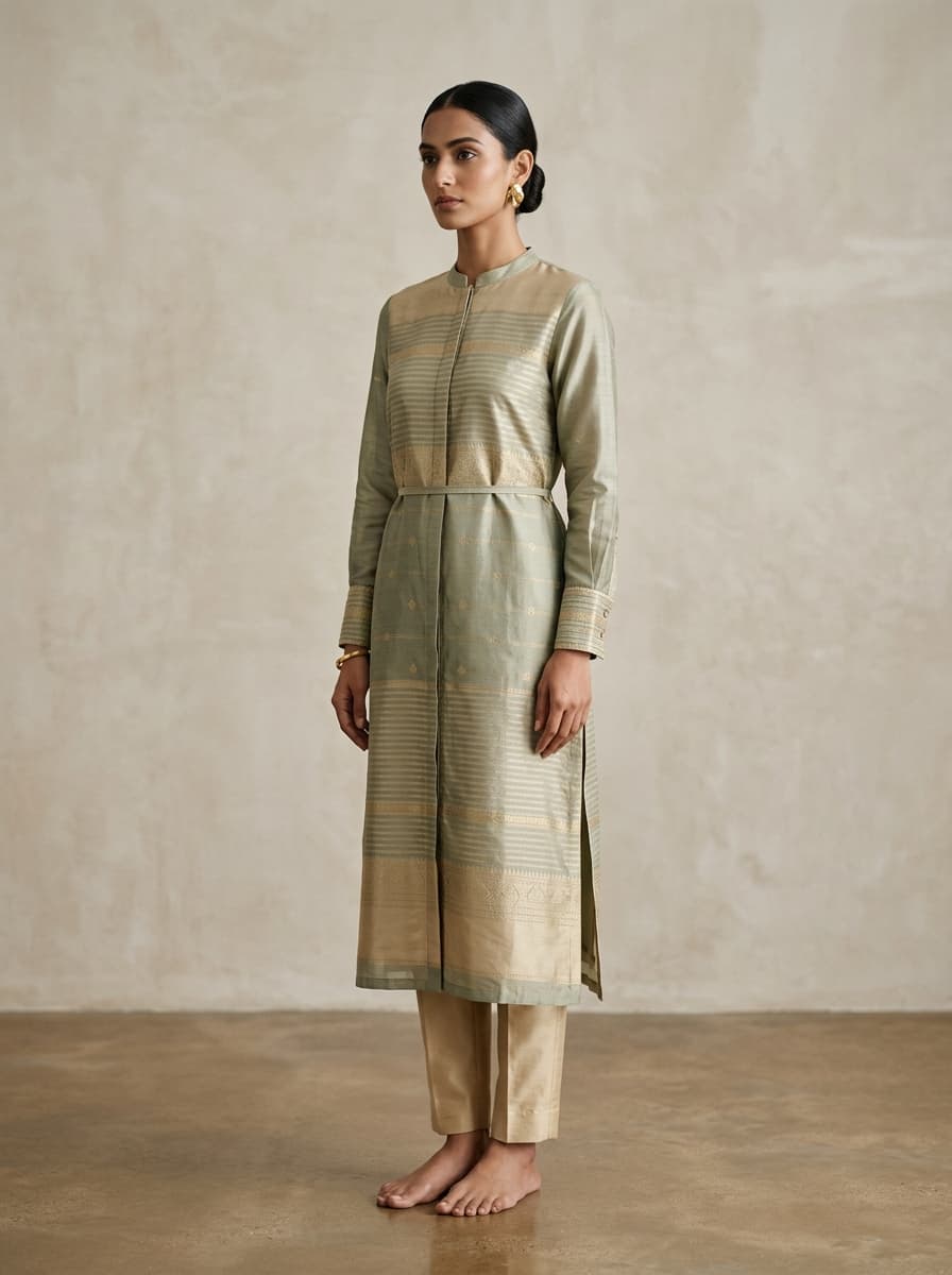 Three-Piece Handcrafted Chanderi Kurti & Scalloped Dupatta Set alternate view